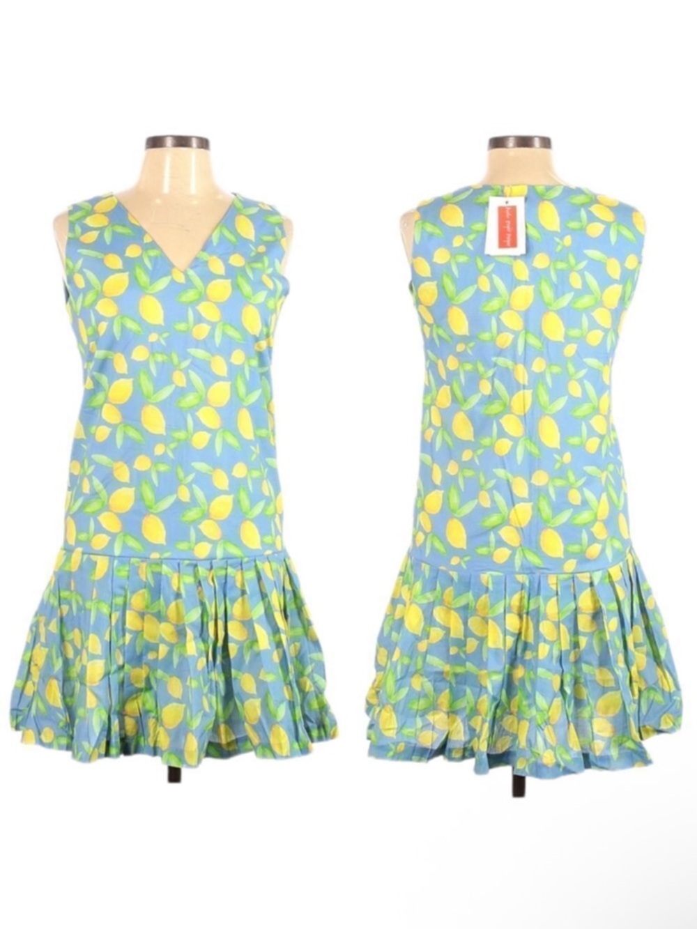 NWT BROOKE WRIGHT Lemon Print Drop Waist Pleated Cotton Dress M